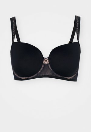 Zwarte bh met voorgevormde cups, kantaccent in het midden, verstelbare bandjes en een gladde textuur. Voorzien van beugel voor ondersteuning.