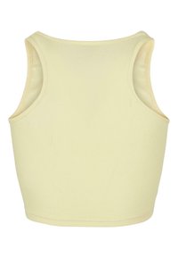 Crop top sans manches en tissu côtelé jaune clair avec un col rond haut, vu de dos.