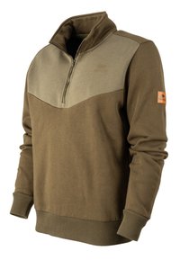 Brauner Fleece-Pullover mit einem Reißverschlusskragen, der eine hellbraune Brustpaneel und einen Logopatch am linken Ärmel aufweist. Rippbündchen.