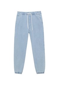 Pantalon de jogging en denim bleu clair avec taille élastique, cordon de serrage, poches latérales et poignets élastiques aux chevilles.