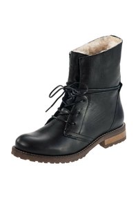 Botín negro de cuero hasta el tobillo con cordones en la parte delantera, forro de piel de oveja suave, puntera redonda y suela de goma texturizada en color marrón.