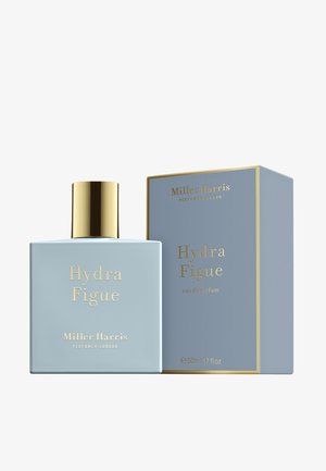 Hydra Figue Eau de Parfum Flasche und Verpackung in sanftem Blau mit goldener Schrift und Verschluss, von Miller Harris, 50 ml Größe.