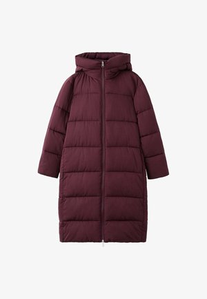 Cappotto imbottito bordeaux con cappuccio, dotato di zip a tutta lunghezza, motivo di trapuntatura rettangolare e maniche lunghe. Morbida texture del tessuto.