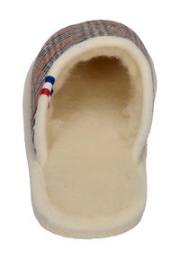 Comfortable wool slipper with a plaid upper in gray, red, and beige tones. Soft cream-colored interior lining. Open-back design.