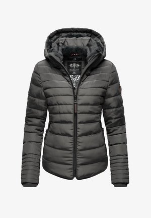 Schwarze gesteppte Jacke mit Frontreißverschluss, seitlichen Reißverschlusstaschen, gesteppte Ärmel und Kapuze mit weichem Fleece-Futter.