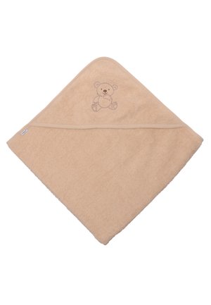 Tan hooded towel made of soft fabric, featuring a stitched light brown teddy bear design on one corner and a smooth bordered edge.