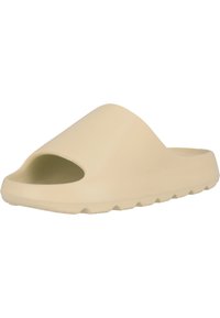 Lichtbeige slidesandalen van zacht materiaal. Beschikken over een open teenontwerp met een ronde bovenkant en een gemodelleerde zool voor grip.