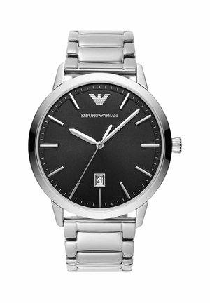 Silver stainless steel wristwatch with black dial, silver hour markers, date display at 6 o'clock, and Emporio Armani logo at 12 o'clock.