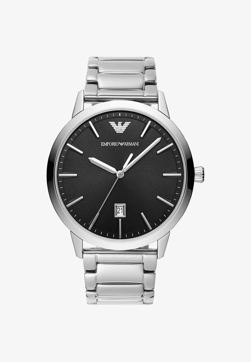Silberne Edelstahluhr mit schwarzem Zifferblatt, silbernen Stundenmarkierungen, Datumsanzeige bei 6 Uhr und Emporio Armani-Logo bei 12 Uhr.