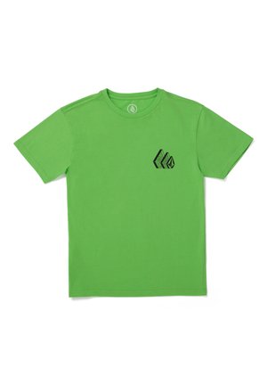 Camiseta de algodón verde con mangas cortas, cuello redondo y un diseño gráfico negro en el lado izquierdo del pecho. Textura suave, corte estándar.