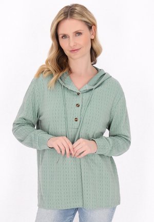 Maglione con cappuccio verde menta e texture a trecce, caratterizzato da un'apertura con bottoni e maniche lunghe, progettato con una vestibilità rilassata.
