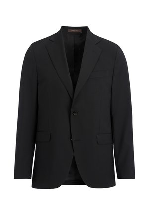 Blazer noir en tissu lisse, avec un col cranté, une fermeture à un bouton et deux poches avant. L'intérieur est entièrement doublé.