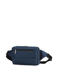 Borsa a vita blu navy realizzata in tessuto testurizzato con una tasca frontale con zip, cinturino regolabile e tirazip in metallo. Logo visibile sul davanti.