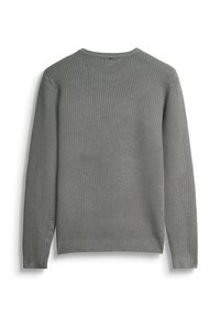 Maglione grigio a maniche lunghe in maglia con motivo testurizzato, polsini e orlo a coste, e scollatura rotonda, mostrato disteso sul retro su uno sfondo bianco.