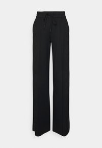 Black wide-leg pants made of soft fabric. Features an elastic waistband with a drawstring, clean lines, and no visible patterns or accents.