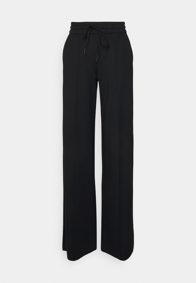 Black wide-leg pants made of soft fabric. Features an elastic waistband with a drawstring, clean lines, and no visible patterns or accents.