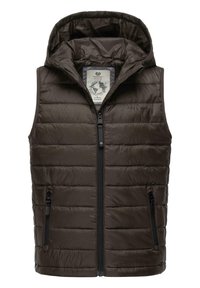 Gilet imbottito marrone con cappuccio, dotato di una zip frontale e due tasche laterali. Texture liscia e motivo di cuciture orizzontali su tutta la superficie.