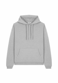 Felpa grigia con cappuccio realizzata in morbido tessuto misto cotone. Presenta una tasca frontale, polsini a coste e un cordoncino per la regolazione del cappuccio.