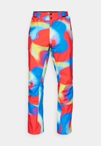 Pantalones de esquí coloridos con un patrón en espiral en rojo, azul, amarillo y verde. Fabricados en material sintético con trabillas para cinturón y bolsillos con cremallera.
