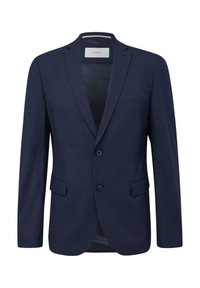 Dunkelblauer Blazer aus strukturiertem Stoff, mit einer Zweiknopfverschlüsse, Reverskragen und einer einzigen Brusttasche.