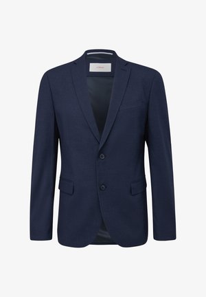 Navy blue blazer made of textured fabric, featuring a two-button closure, notch lapels, and a single chest pocket.