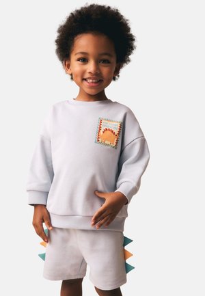 Barn med krøllet hår iført lysegrå sweatshirt og shorts med dinosaurpigge og lap, smilende mod ensfarvet baggrund.