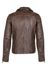 Blouson en cuir marron avec une finition légèrement texturée. Doté d'un col à revers, de poignets zippés et de coutures verticales le long du dos.