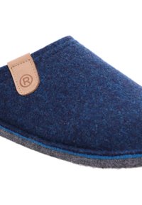 Blue felt slipper with a rounded shape, leather accent tag, and grey sole. Features a textured surface and reinforced stitching along the edges.