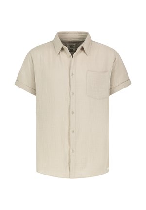 Beige short-sleeve button-up shirt with a front left chest pocket and a classic collar, made of textured lightweight fabric.