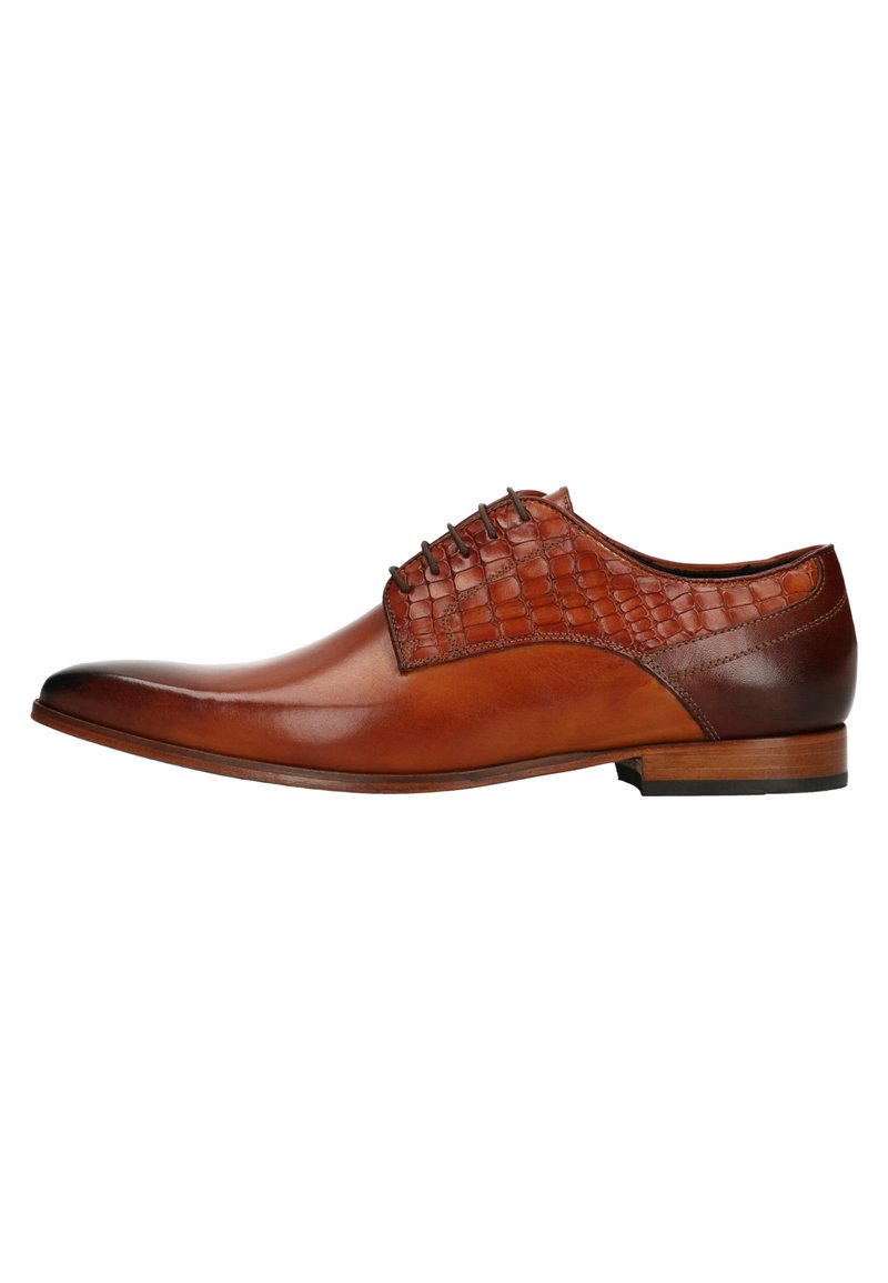 Chaussure habillée en cuir marron avec une finition lisse et un design texturé, semblable à celui d'un crocodile, sur le dessus du pied. Elle présente un embout arrondi et un petit talon en bois.