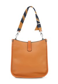 Koffe leren schoudertas met een effen kleur en een gestreepte stoffen schouderband met marineblauwe en oranje strepen, met metalen hardware details.