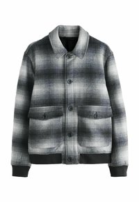 Gråternet jakke med knaplukning foran, to forlommer og sort ribbet kant. Fremstillet af et blødt, tekstureret stof.