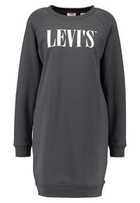 Šedé šaty s dlouhými rukávy, ribbenovými manžetami a kulatým výstřihem. Vyznačují se výrazným bílým logem "LEVI'S" přes hruď.