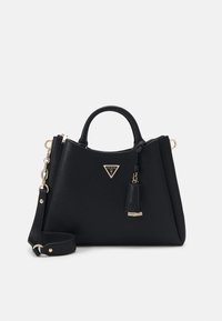 Borsa a mano nera strutturata realizzata in materiale testurizzato, con accessori in oro, una placca con logo e una tracolla removibile con un accento a nappina.