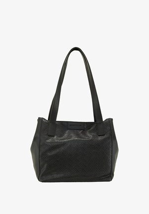 Sac fourre-tout noir avec une texture tissée, fabriqué en matériau synthétique, doté de deux longues poignées et d'une forme rectangulaire avec un badge logo.