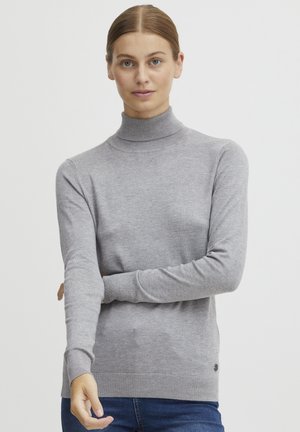 Grauer Rollkragenpullover mit langen Ärmeln, gerippten Bündchen und Saum, aus weichem Material gefertigt. Besitzt ein kleines Logo-Detail am unteren Rand.