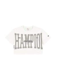 Weißes, kurzes T-Shirt mit großen grauen "CHAMPION"-Schriftzug und kleinem Logo auf dem linken Ärmel. Hergestellt aus weichem Baumwollmaterial.