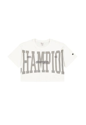 Maglietta corta bianca con grande testo grigio "CHAMPION" e un piccolo logo sulla manica sinistra. Realizzata in morbido cotone.
