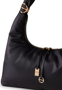 Black textured handbag with a large rounded shape, gold hardware accents, dual zipper closure, and logo tag detail.
