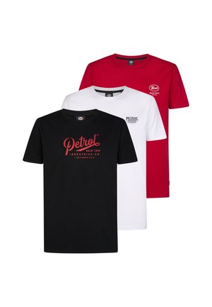 Trzy krótkie koszulki z krótkim rękawem: jedna czarna z czerwonym nadrukiem, jedna biała z małą grafiką oraz jedna czerwona z białym nadrukiem. Materiał bawełniany, dekolt okrągły.