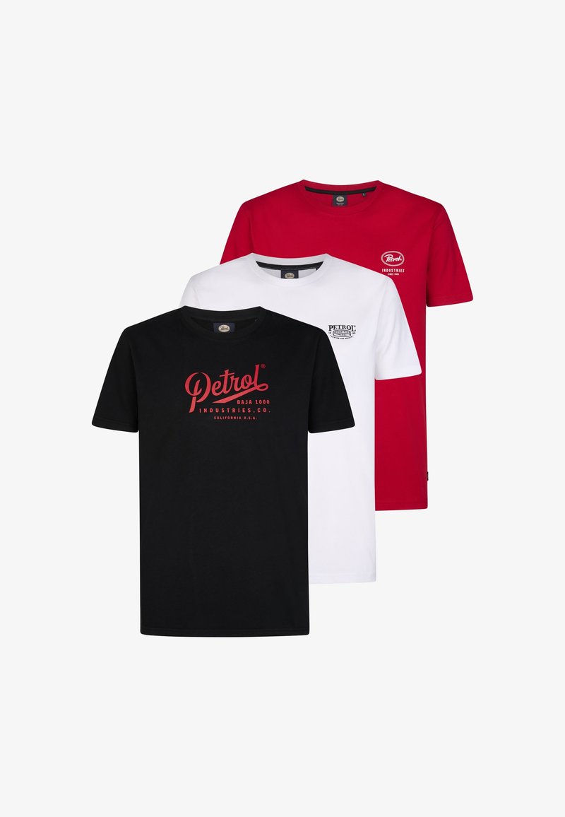 Tre t-shirt a maniche corte: una nera con stampa rossa, una bianca con piccolo motivo grafico e una rossa con stampa bianca. Materiale in cotone, scollo rotondo.