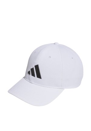 Weißer Baseballcap mit gebogenem Schirm und schwarzem Drei-Streifen-Logo auf dem vorderen linken Panel, gezeigt vor weißem Hintergrund.