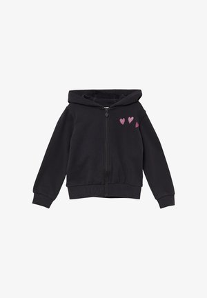 Czarna bluza z kapturem na zamek, wykonana z bawełny o miękkiej teksturze. Posiada kaptur i trzy różowe, brokatowe serca po lewej górnej stronie.