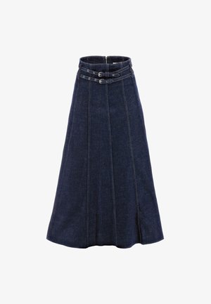 Denim A-linijska krila v temno modri barvi z visokim pasom, ki vključuje dve sprednji zaponki, nabore in šivane detajle ob šivih.