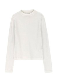 Biała prążkowana bluzka z długim rękawem o dopasowanym kroju, okrągłym dekolcie i teksturowanym wykończeniu, z krótkim dołem i minimalną ilością szwów.