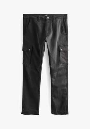 Pantaloni cargo neri con una texture liscia, due tasche laterali e due grandi tasche cargo con bottone sulle cosce. Design durevole.