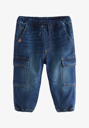 Sötétkék, rugalmas derékpántos farmerruha cargo nadrág, húzózsinórral, oldalzsebekkel és rugalmas szegélyekkel gyerekeknek.