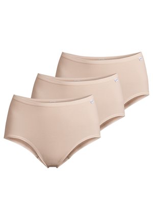 Drei beige, hoch taillierte Damen-Slips mit elastischen Bund, überlappend auf weißem Hintergrund angeordnet.