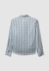 Hemd mit Knöpfen, hellblau mit schwarzen geometrischen Mustern, lange Ärmel, geschwärmter Saum und klassischer Kragen. Weicher Stoff.