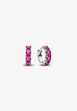 Silver hoop earrings featuring pink rectangular-cut stones, set in a four-prong design, with a polished finish and seamless closure.